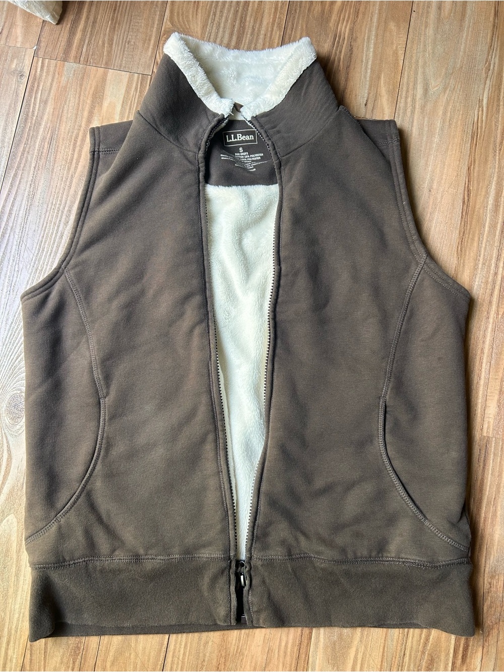 L.L. Bean Chocolate Brown Fleece Vest with Cream Sherpa Lining